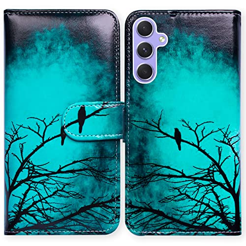 Bcov Case for Galaxy A54, Black Bird Green Leather Flip Phone Case Wallet Cover with Card Slot Holder Kickstand for Samsung Galaxy A54 5G - color: Black Bird Pattern