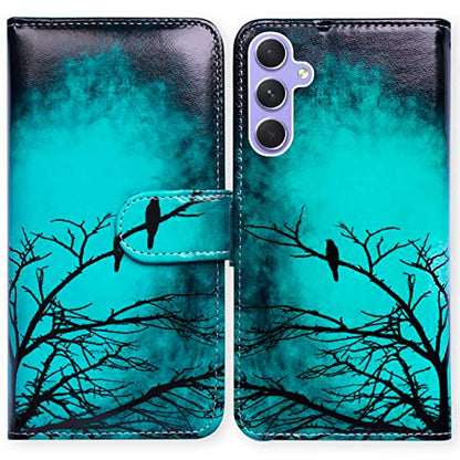 Bcov Case for Galaxy A54, Black Bird Green Leather Flip Phone Case Wallet Cover with Card Slot Holder Kickstand for Samsung Galaxy A54 5G - color: Black Bird Pattern