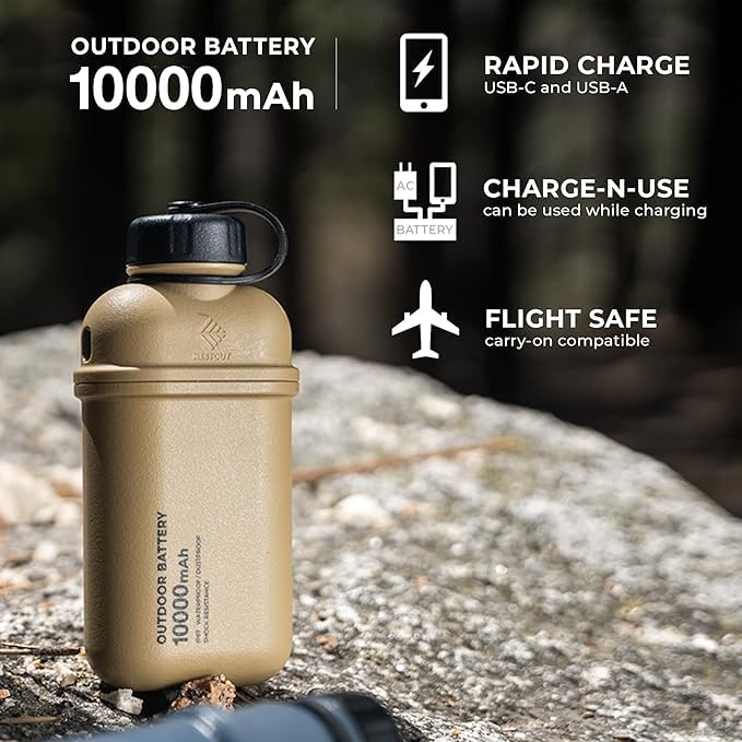 ELECOM NESTOUT 10000mAh Rugged Power Bank, Outdoor Battery Pack, 20W USB C Fast Charging PD, Waterproof IP67, Shockproof Military Grade, Tactical EDC Gear, Camping, Hiking, Hunting, Survival (Black) - color: Black