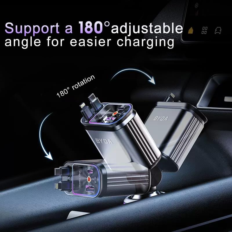 4 in 1 Retractable Car Charger with Starry Light,69W USB-C Fast Car Charger, for iPhone 17/16/15/14/13/12/11, Android,Pixel,Cigarette Lighter Charger (for Lightning+USB-C) - size: Starry Light