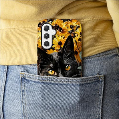 Black Cat Sunflowers Phone Case for Samsung Galaxy S25, Dual Layer Shockproof Rugged Cover with Soft TPU + Hard PC, Anti-Scratch Slim Fit Wireless Charging Compatible - color: Black Cat Sunflowers, size: 6.2" Galaxy S25