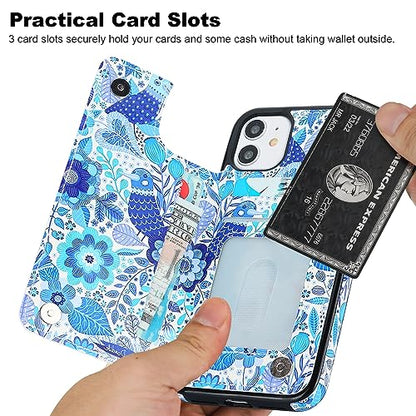 HAOPINSH for iPhone 11 Wallet Case with Card Holder, Blue Flower Bird Pattern Back Flip Case PU Leather Kickstand Card Slots Case for Women Girls, Double Magnetic Clasp Shockproof Cover 6.1" - color: Blue Flower Bird