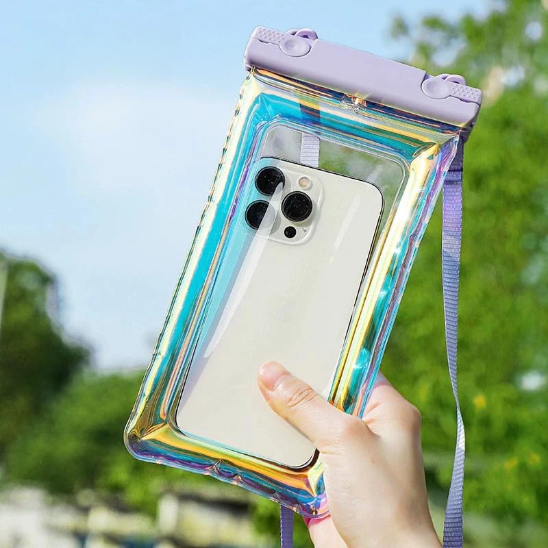 Purple Floating Waterproof Phone Pouch, Holographic Laser TPU Dry Bag with Air Padding, Touch Responsive Case for Swimming, Snorkeling - color: Purple