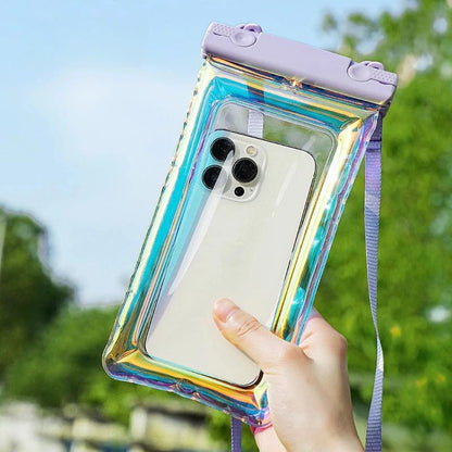 Purple Floating Waterproof Phone Pouch, Holographic Laser TPU Dry Bag with Air Padding, Touch Responsive Case for Swimming, Snorkeling - color: Purple