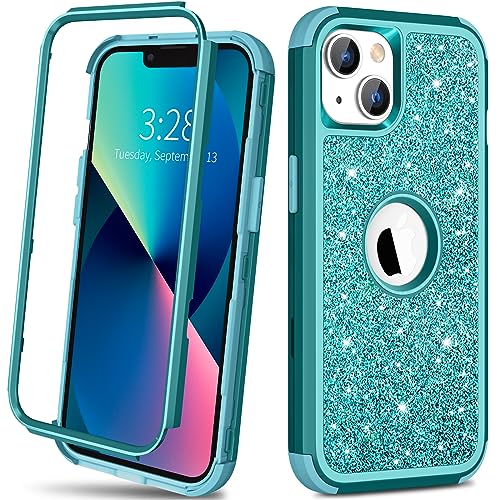 Hython Case for iPhone 13 Case Glitter, Cute Sparkly Shiny Bling Sparkle Cover, Heavy Duty 3 in 1 Hybrid Hard PC Soft TPU Bumper Full Body Shockproof Protective Phone Cases for Women Girls, Teal - color: Teal