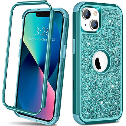 Hython Case for iPhone 13 Case Glitter, Cute Sparkly Shiny Bling Sparkle Cover, Heavy Duty 3 in 1 Hybrid Hard PC Soft TPU Bumper Full Body Shockproof Protective Phone Cases for Women Girls, Teal - color: Teal