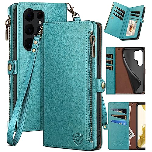 XcaseBar for Samsung Galaxy S24 Ultra Wallet case with Zipper Credit Card Holder RFID Blocking,Flip Folio Book PU Leather Shockproof Protective Cover Women Men for S24 Ultra Phone case Blue Green - color: Blue Green Case