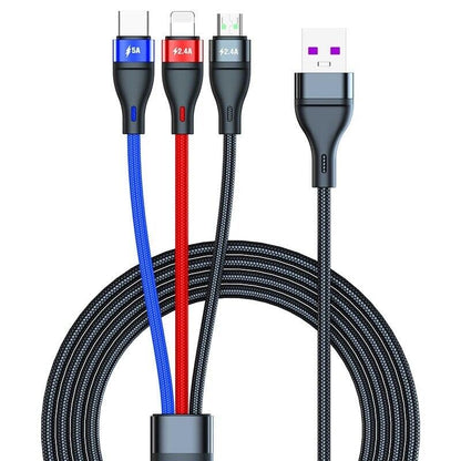 3 in 1 Fast Charging Cable with Micro USB, USB-C, and Lightning Connector Compatible with iPhone and Android, Nylon Braided, Black