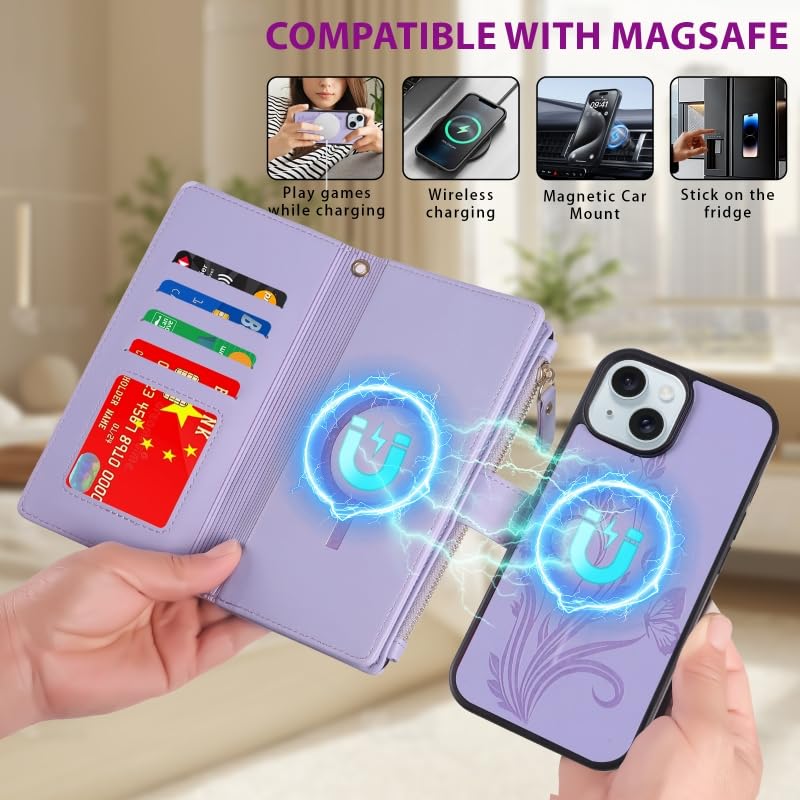 for iPhone 16e/17e Case Wallet,Compatible with MagSafe Magnetic 2 in 1 Magnetic Detachable PU Leather RFID Blocking Wallet Cover Card Holder Zipper Wrist Strap Lanyard,Floral Light Purple - color: Light Purple