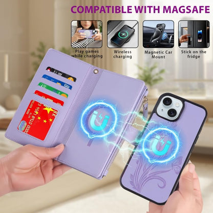 for iPhone 16e/17e Case Wallet,Compatible with MagSafe Magnetic 2 in 1 Magnetic Detachable PU Leather RFID Blocking Wallet Cover Card Holder Zipper Wrist Strap Lanyard,Floral Light Purple - color: Light Purple