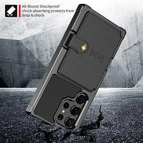 for Samsung Galaxy S22 Ultra Case with Card Holder, Compatible with Magnetic Car Mount, Heavy Duty Shockproof Rugged Soft TPU Back Leather Flip Wallet Cover 6.8 inch, Black | Compatible with Magnetic Car Mount, Shockproof Rugged Soft TPU Hard Back Leather