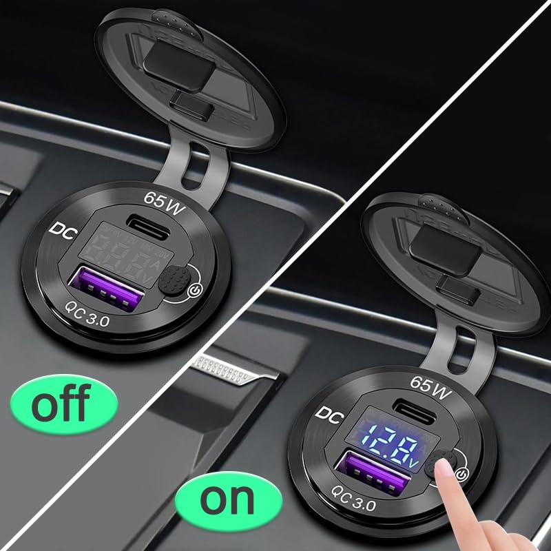 12V USB C Outlet 65W PD+QC 3.0 Waterproof Voltmeter Switch Aluminum Marine - color: pack of one
