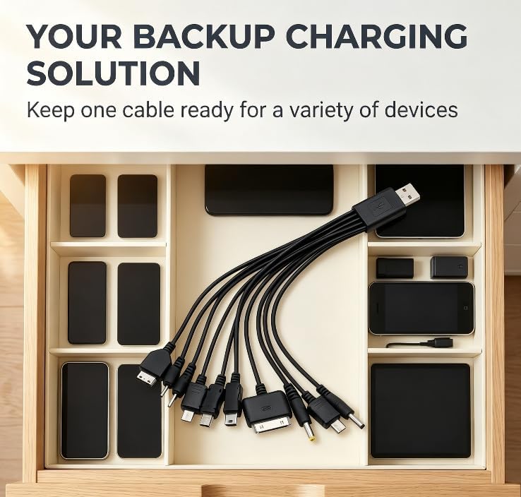Black 10 in 1 USB Multi Charger Cables for Mobile Phones Charging Cord 7.87in Universal USB to Multi Plug Charger Cable for Smartphone Charger Wires,Cables and Interconnects