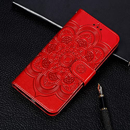 EYZUTAK Case for Samsung Galaxy A17 5G/A26 5G, Premium Leather Magnetic Closure Flip Wallet Phone Case with Card Holder Cash Slots Kickstand Embossed Mandala Flower Shockproof Lanyard Cover - Red - color: Red, size: Samsung Galaxy A17 5G/A26 5G