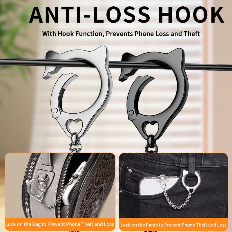 Metal Cat Head Phone Finger Grip Ring Chain Lanyard Keychain Holder Charm - color: Silver