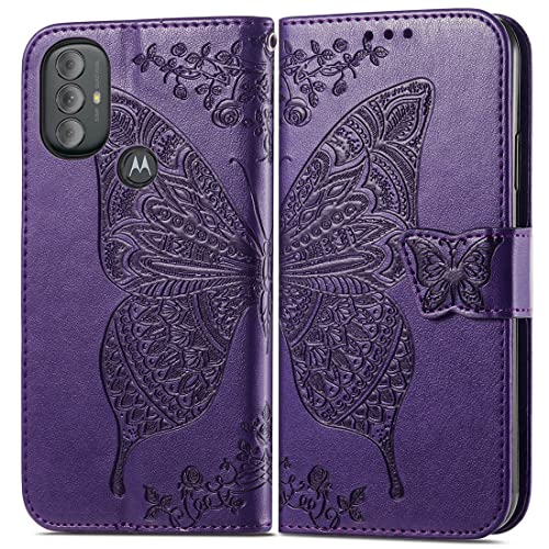 for Moto G Power 2022 Case Wallet,Women Flip Cover,Purple | Butterfly Embossed PU Leather Kickstand Credit Card Holder Slots Magnetic Wrist Strap Purse - color: Purple