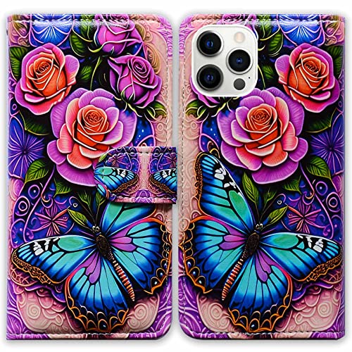 Bcov Case for iPhone 14 Pro,Blue Butterfly Flowers Rose Leather Flip Phone Case Wallet Cover with Card Slot Holder Kickstand for iPhone 14 Pro - color: Blue Butterfly Flowers Rose