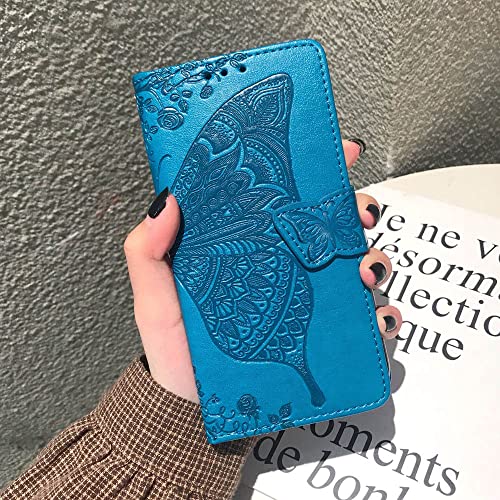 for iPhone 13 Pro Case Wallet for Women,Blue | Flip Folio Butterfly Embossed PU Leather Stand Credit Card Holder Slots Magnetic Wrist Strap Phone Cover - color: Blue