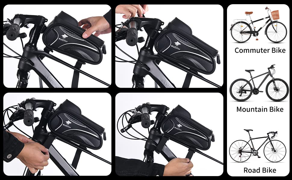 WOLFILIST Bike Frame Bag - Waterproof Bicycle Phone Holder Bike Accessories | 3D EVA Hard Shell with TPU Touchscreen & Rain Cover, Fits 7" Phones 1.5/2L Large Capacity Straps for Bike/E-Bike Adult Gifts