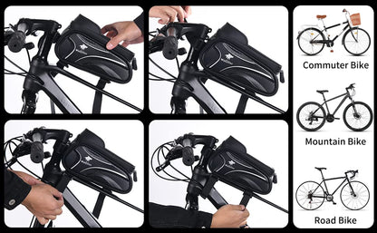 WOLFILIST Bike Frame Bag - Waterproof Bicycle Phone Holder Bike Accessories | 3D EVA Hard Shell with TPU Touchscreen & Rain Cover, Fits 7" Phones 1.5/2L Large Capacity Straps for Bike/E-Bike Adult Gifts
