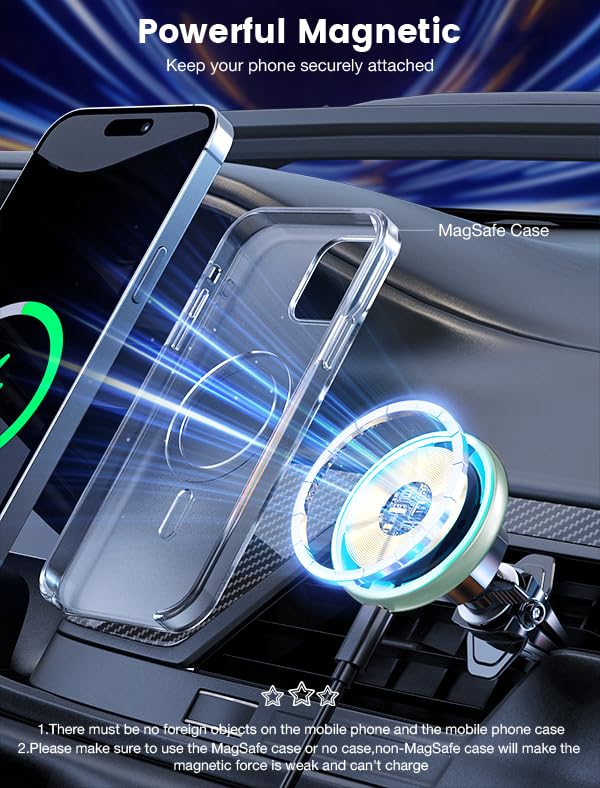 for Magsafe Car Mount Charger 15W LED RGB Car Phone Holder for Dash Vent - color: Mint Green