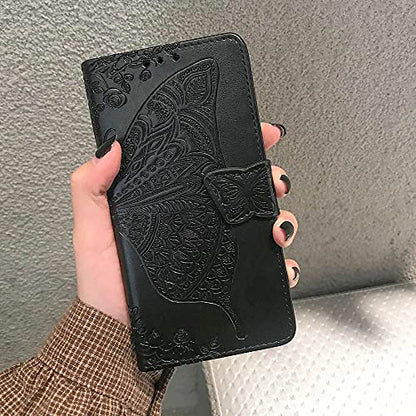 for iPhone 12 Pro/iPhone 12 Wallet Case,Women Flip Folio Cover with Butterfly Embossed PU Leather Kickstand Credit Card Holder Slots Wrist Strap for iPhone 12/12 Pro 6.1 inch (Black) - color: Black