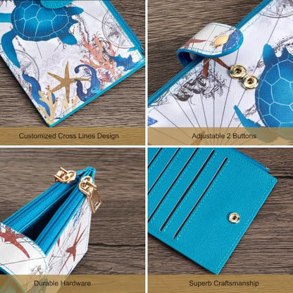 Travelambo RFID Wallet Women Large Size Bifold Multi Card Wallet Case with Zipper Pocke Credit Card Holder for Women - color: Blue Sea Turtle