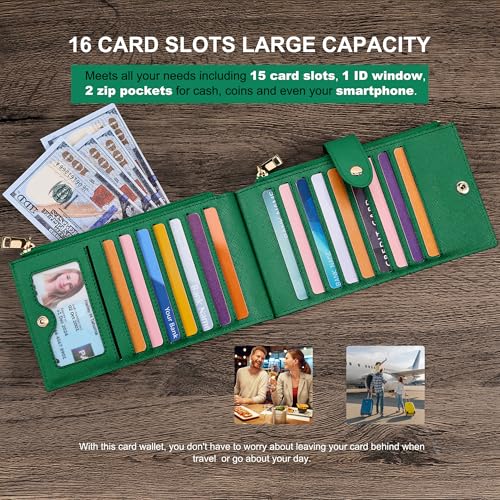 Travelambo RFID Wallet Women Large Size Bifold Multi Card Wallet Case with Zipper Pocke Credit Card Holder for Women - color: Green