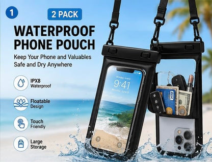 Waterproof Phone Pouch 2 Pack, Floating Dry Bag with Large Storage Pocket, IPX8 Waterproof Case Fits iPhone 16/15/14 Pro Max & Samsung, Touch Screen for Beach, Swimming, Kayaking & Cruise Black