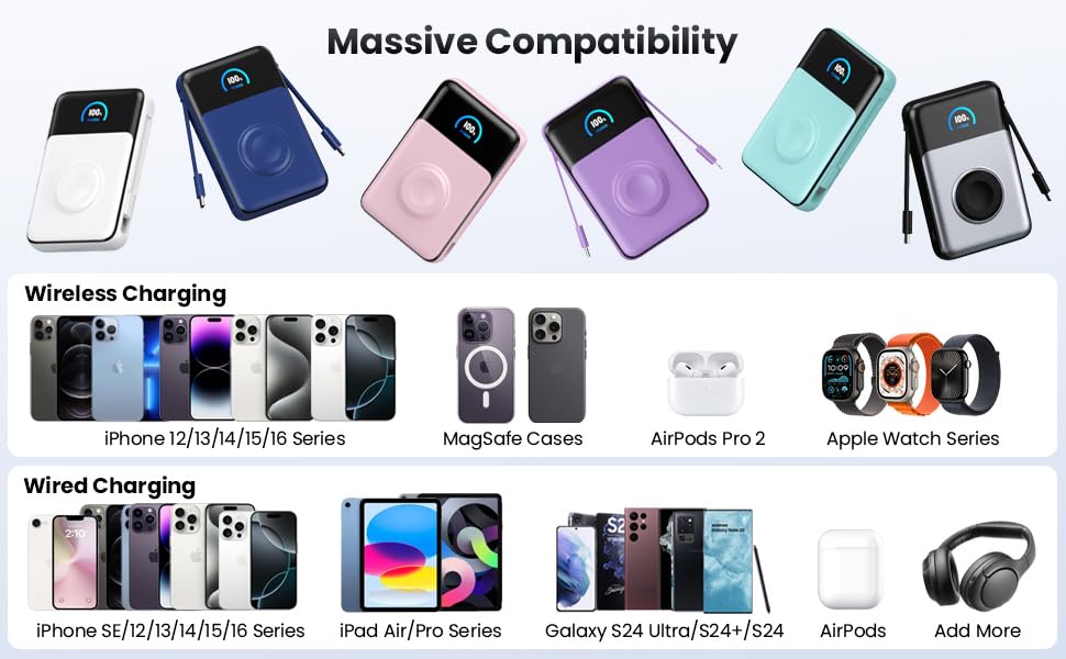Magnetic Portable Charger 10800mAh with Built-in Cables, 15W Wireless Power Bank for Magsafe,30W PD Fast Charging USB-C Travel Essential Battery Pack for iPhone 17/16/15/14/13/12 Series