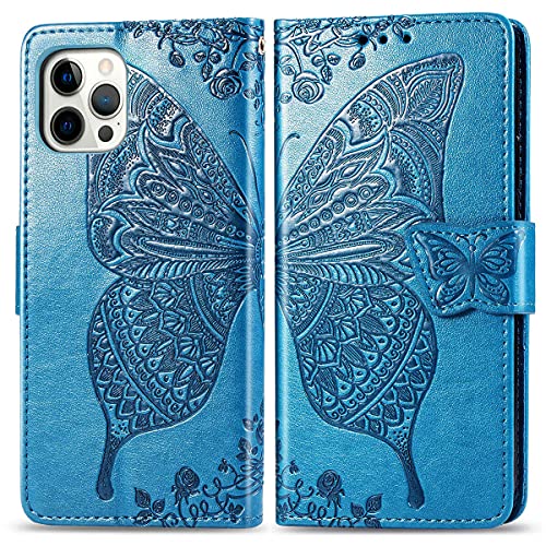 for iPhone 12 Pro/iPhone 12 Wallet Case,Women Flip Folio Cover with Butterfly Embossed PU Leather Kickstand Credit Card Holder Slots Wrist Strap for iPhone 12/12 Pro 6.1 inch (Blue) - color: Blue