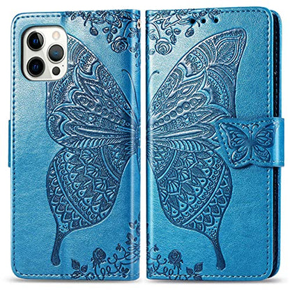 for iPhone 12 Pro/iPhone 12 Wallet Case,Women Flip Folio Cover with Butterfly Embossed PU Leather Kickstand Credit Card Holder Slots Wrist Strap for iPhone 12/12 Pro 6.1 inch (Blue) - color: Blue