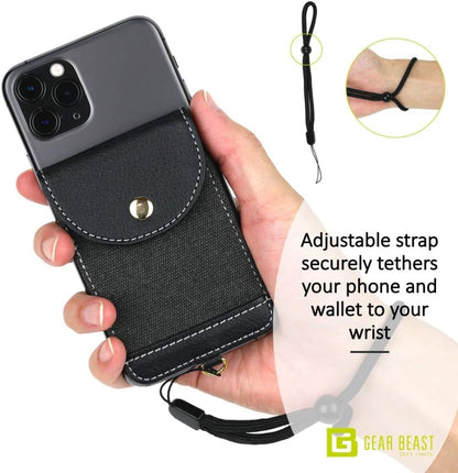 Cell Phone Wallet for Back of Phone with Wrist Strap, Stick On Wallet Credit Card ID Holder with RFID Protection Compatible with iPhone, Galaxy & Most Smartphones and Cases Navy - color: Navy