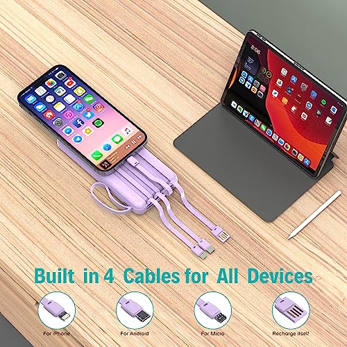 Portable Charger with Built in Cables,10000mAh Slim USB C Power Bank,Purple - color: Purple