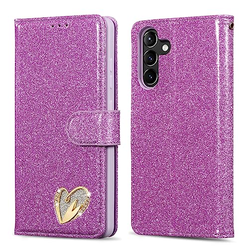 QLTYPRI Case for Samsung Galaxy A16 4G/5G, Bling Shiny Glitter Flip Folio Case Full-Body Protective Cover Card Slots Magnetic Closure Kickstand Wrist Strap for Women Girls A16 Case - Purple