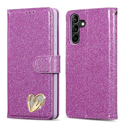 QLTYPRI Case for Samsung Galaxy A16 4G/5G, Bling Shiny Glitter Flip Folio Case Full-Body Protective Cover Card Slots Magnetic Closure Kickstand Wrist Strap for Women Girls A16 Case - Purple