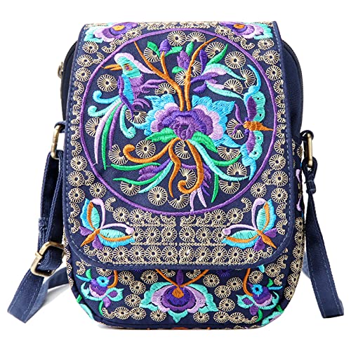 SILKAREA Embroidered Cute Mini Crossbody Bag for Women Small Handbags Wristlet Wallet Bag Cell-phone Pouch Coin Purse - color: Blue + Flower-medium