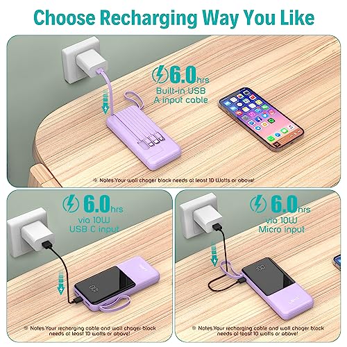 Portable Charger with Built in Cables,10000mAh Slim USB C Power Bank,Purple - color: Purple