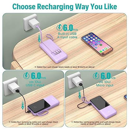 Portable Charger with Built in Cables,10000mAh Slim USB C Power Bank,Purple - color: Purple