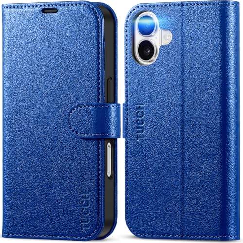 TUCCH Wallet Case for iPhone 16 (6.1") 2024, Flip Stand, Klein Blue | RFID Blocking, 4 Card Holders, Kickstand, PU Leather, Shockproof TPU Shell, Magnetic Closure, Protective Folio Cover - color: Textured Klein Blue