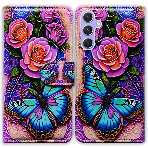 Bcov Case for Samsung Galaxy A54 5G,Blue Butterfly Flowers Rose Leather Flip Phone Case Wallet Cover with Card Slot Holder Kickstand for Samsung Galaxy A54 5G - color: Blue Butterfly Flowers Rose