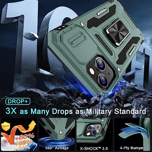 DEERLAMN Case for iPhone 13/iPhone 14 6.1-Inch with Slide Camera Cover+Screen Protector(2 Packs),Rotated Ring Kickstand Military Grade Shockproof Protective Cover-Green - color: Green