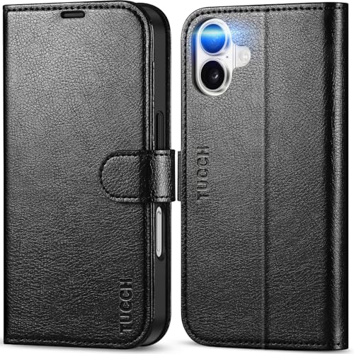 TUCCH Case Wallet for iPhone 16 (6.1"), RFID Blocking Folio, Textured Black | 4 Card Holders, Kickstand, PU Leather, Magnetic Closure, Shockproof TPU Shell, Protective Flip Cover - color: Textured Black