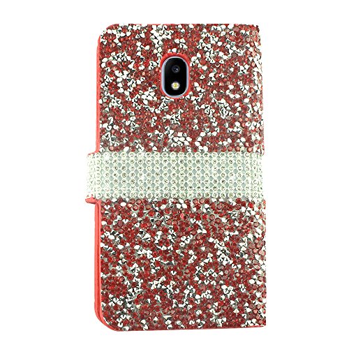 For Samsung Galaxy J7 (2018), J7 Refine, J7 Star, J7V 2nd Gen. SM-J737 - Crystal Diamond Flip Wallet Case + Tempered Glass Screen Protector - Red/Glitter - color: FDS99 Red/Glitter