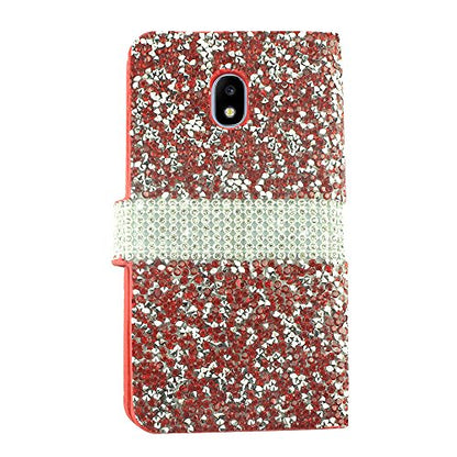 For Samsung Galaxy J7 (2018), J7 Refine, J7 Star, J7V 2nd Gen. SM-J737 - Crystal Diamond Flip Wallet Case + Tempered Glass Screen Protector - Red/Glitter - color: FDS99 Red/Glitter