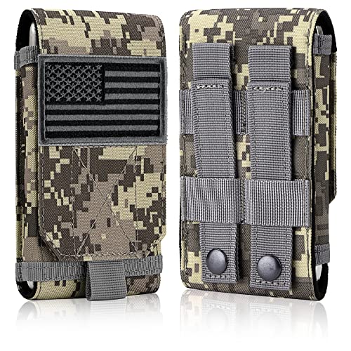 Tactical Molle Phone Cover Case, Heavy Duty Loop Belt Holster Pouch with Flag Patch for iPhone 17 Pro Max/Air/17 Pro/17/16 Pro Max/15 Pro Max/14 Pro Max/13 Pro Max, for Galaxy S26 Ultra - color: Gray Camo