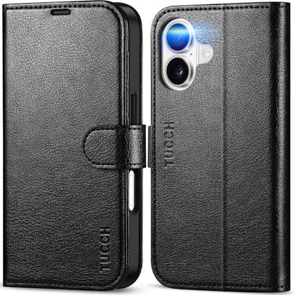 TUCCH Case Wallet for iPhone 17 (6.3"), RFID Blocking Folio, Textured Black | 4 Card Holders, Kickstand, PU Leather, Magnetic Closure, Shockproof TPU Shell, Protective Flip Cover - color: Textured Black