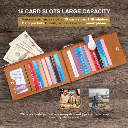 Travelambo RFID Wallet Women Large Size Bifold Multi Card Wallet Case with Zipper Pocke Credit Card Holder for Women - color: Brown Desert Leaf