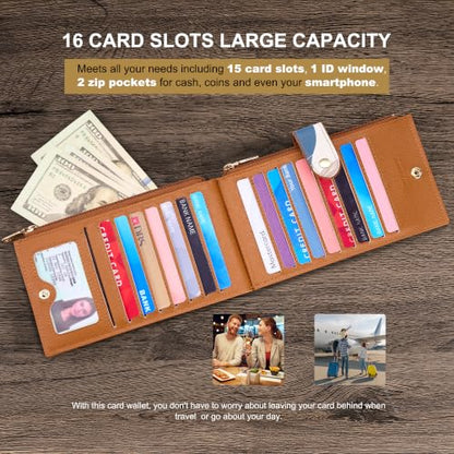 Travelambo RFID Wallet Women Large Size Bifold Multi Card Wallet Case with Zipper Pocke Credit Card Holder for Women - color: Brown Desert Leaf