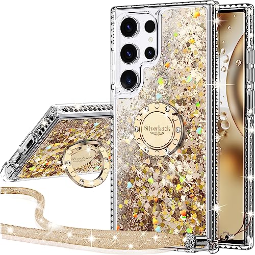 Silverback for Samsung Galaxy S24 Ultra Case with Ring, Women Girls Bling Holographic Sparkle Glitter Cute Cover,Diamond Ring Protective Phone Case for Galaxy S24 Ultra - Clear Gold | Moving Liquid Holographic Sparkle Glitter, Kickstand, Bling Diamond Rin